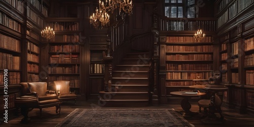 Old library interior with bookshelf and wooden floor. 3d rendering