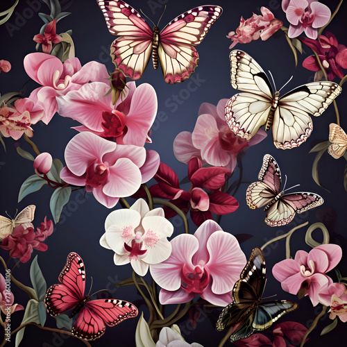 Seamless pattern with orchids and butterflies.  illustration.