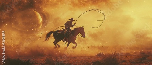 A cowboy roping in the dusty air