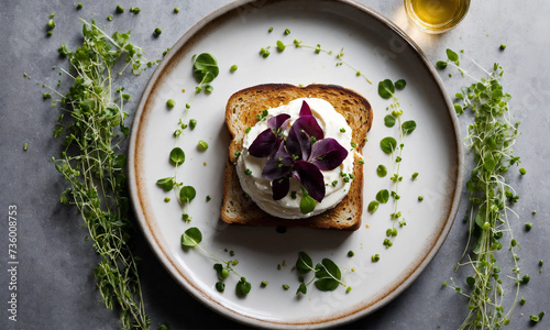 Toast with cream cheese and microgreens  top view  on a white plate  on a light gray background