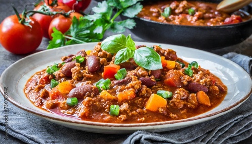 classic chili con carne served on plate