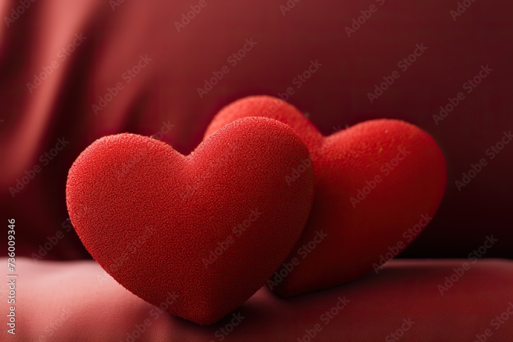 elegance of two red textile hearts artfully arranged on a calming background elegance of two red textile hearts artfully arranged on a calming background