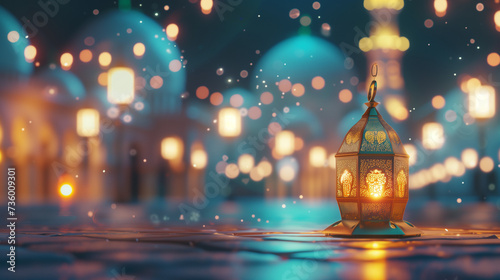 Ramadan kareem or eid mubarak,eid ul fitr or eid ul adha, Lantern Islamic Background Banner with Shiny blur glitter at night