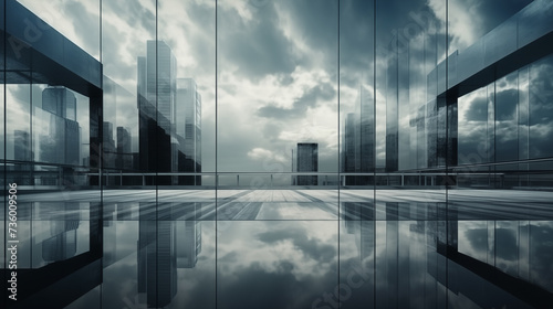 Modern glass buildings with city skyline reflections