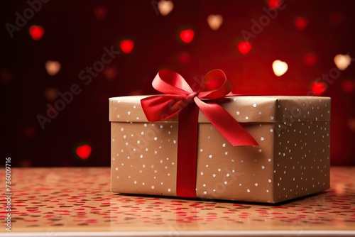 gift in a kraft box with a red bow and red hearts