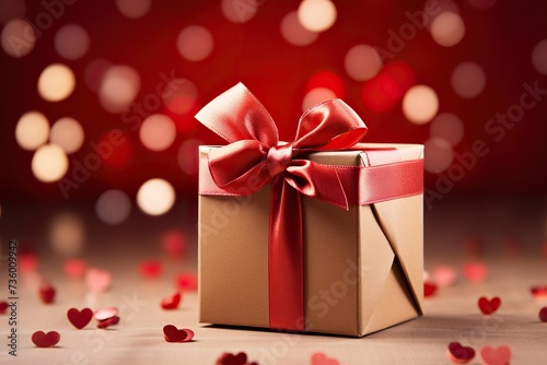 gift in a kraft box with a red bow and red hearts