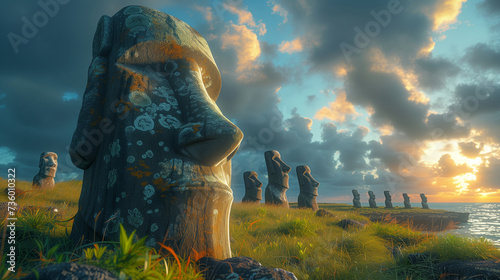 Moais of Ahu Tongariki, Easter island on sunset photo