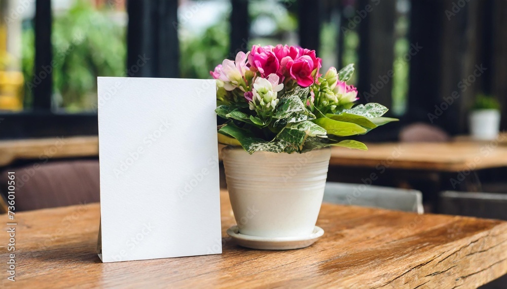 blank white card with flowerpot on wooden table in coffee shop