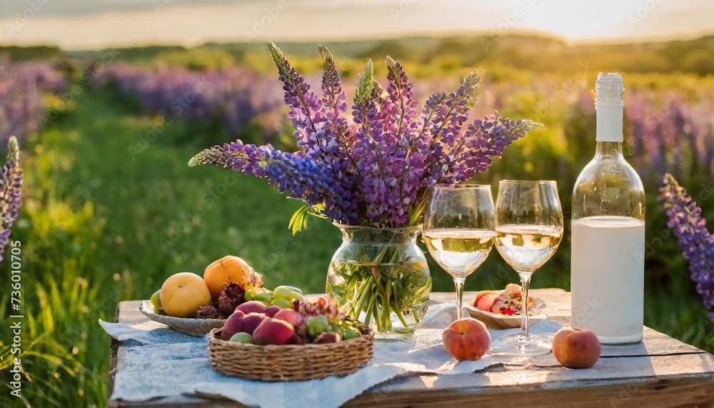 romantic table decor for a loving couple on the blooming meadow with purple lupines two glasses of wine flowers in a vase silverware fruits wooden furniture and picnic basket sunset golden hour