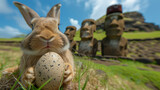 A Bunny holding Easter egg on Easter Island - Rapa Nui against the background of Moai statues