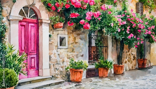 watercolor house pink door and old building wall vintage home and blossom flowers provence france or tuscany italy illustration in watercolor style cute summer house