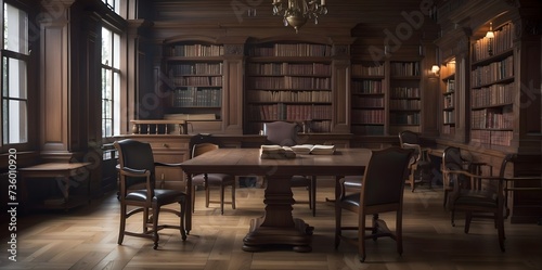 Old library interior with wooden tables, chairs and bookshelves.