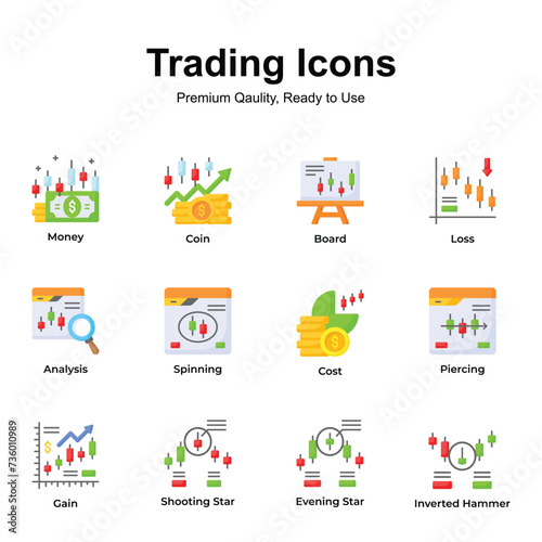 Get this amazing trading icons set in trendy design style  up for premium use