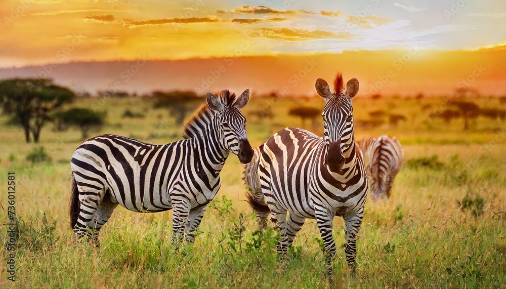 zebras in the african savanna at sunset serengeti national park tanzania africa banner format - obrazy, fototapety, plakaty 