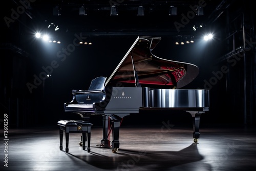 A concert hall with a grand concert piano on the stage