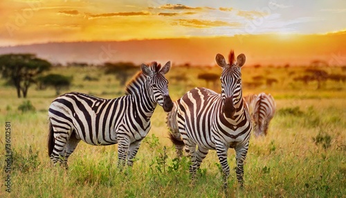 zebras in the african savanna at sunset serengeti national park tanzania africa banner format © Josue