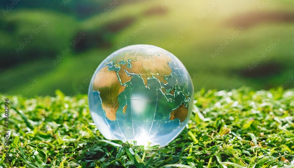 crystal planet earth globe with world map on green grass on a meadow symbol for sustainability environment protection green energy technology concept