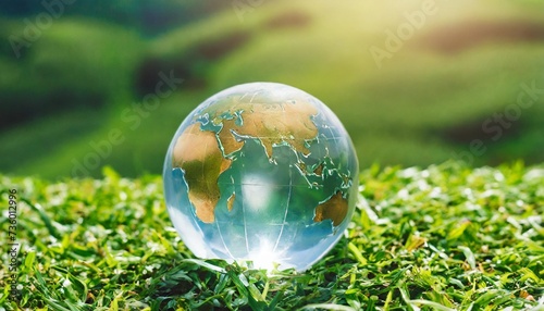 crystal planet earth globe with world map on green grass on a meadow symbol for sustainability environment protection green energy technology concept