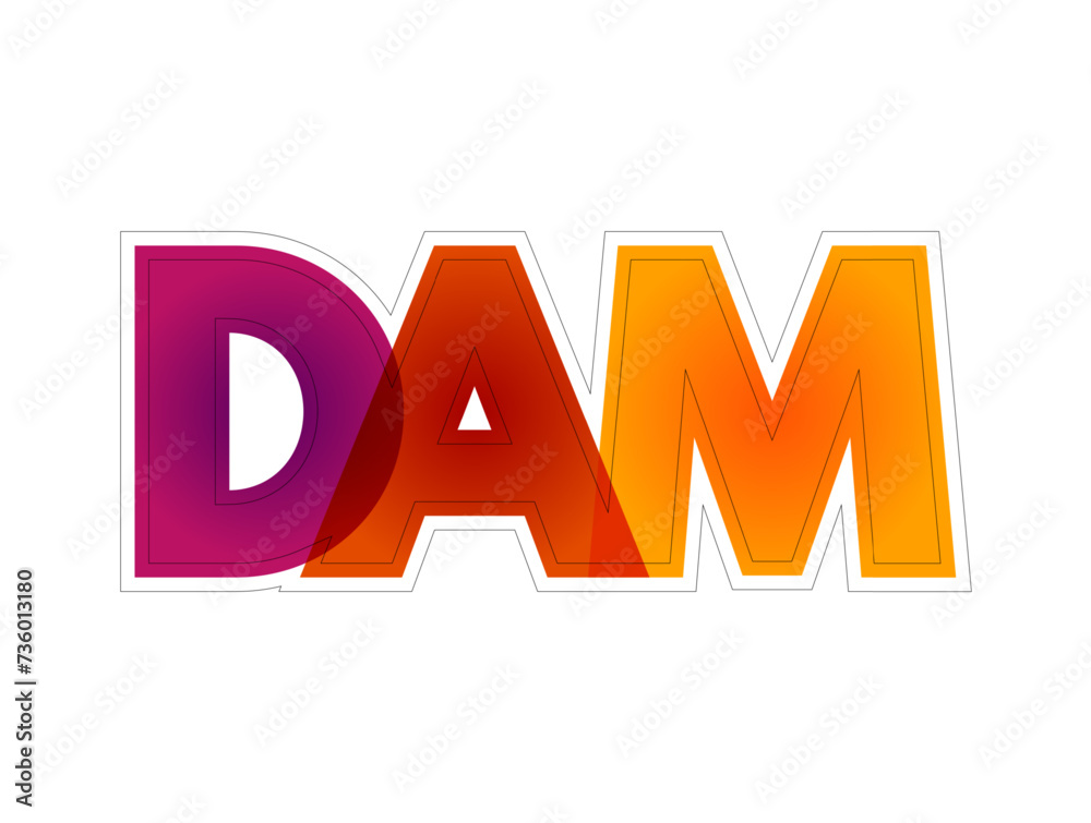 DAM Digital Asset Management - business process and an information management technology, colourful acronym text concept background DAM Digital Asset Management - business process and an information management technology, colourful acronym text concept background