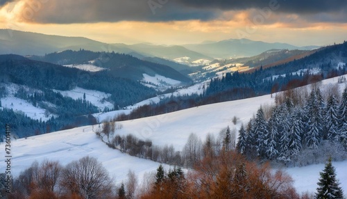 carpathian countryside scenenry in winter season at sunrise rural landscape with snow covered fields on the forested hills in shade of a mountains beneath a cloudy sky