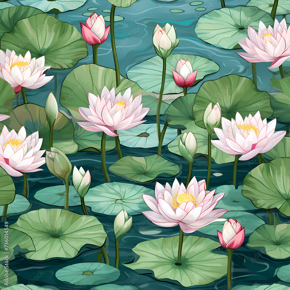 Seamless pattern with lotus flowers and water lilies. Seamless pattern with lotus flowers and water lilies.