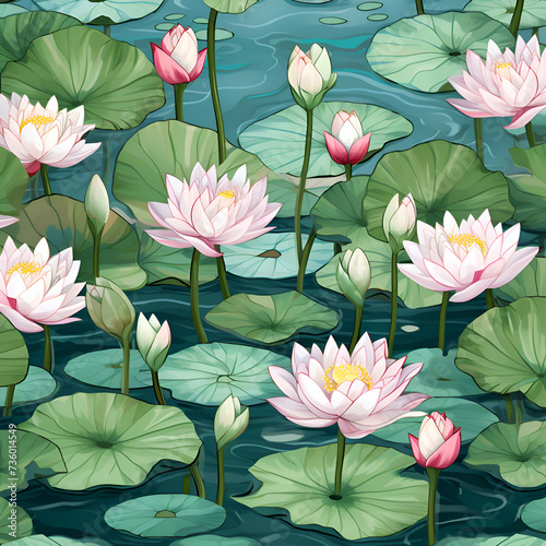 Seamless pattern with lotus flowers and water lilies.