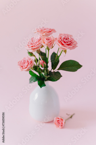 Beautiful pink Rose flowers in a vase on a pink pastel background.