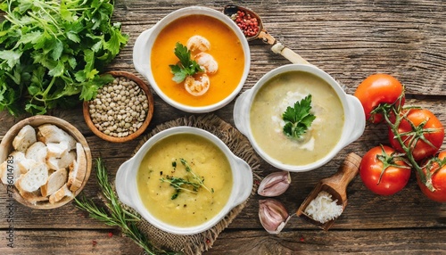 tasty broth different cream soups in bowls and ingredients on old wooden table flat lay