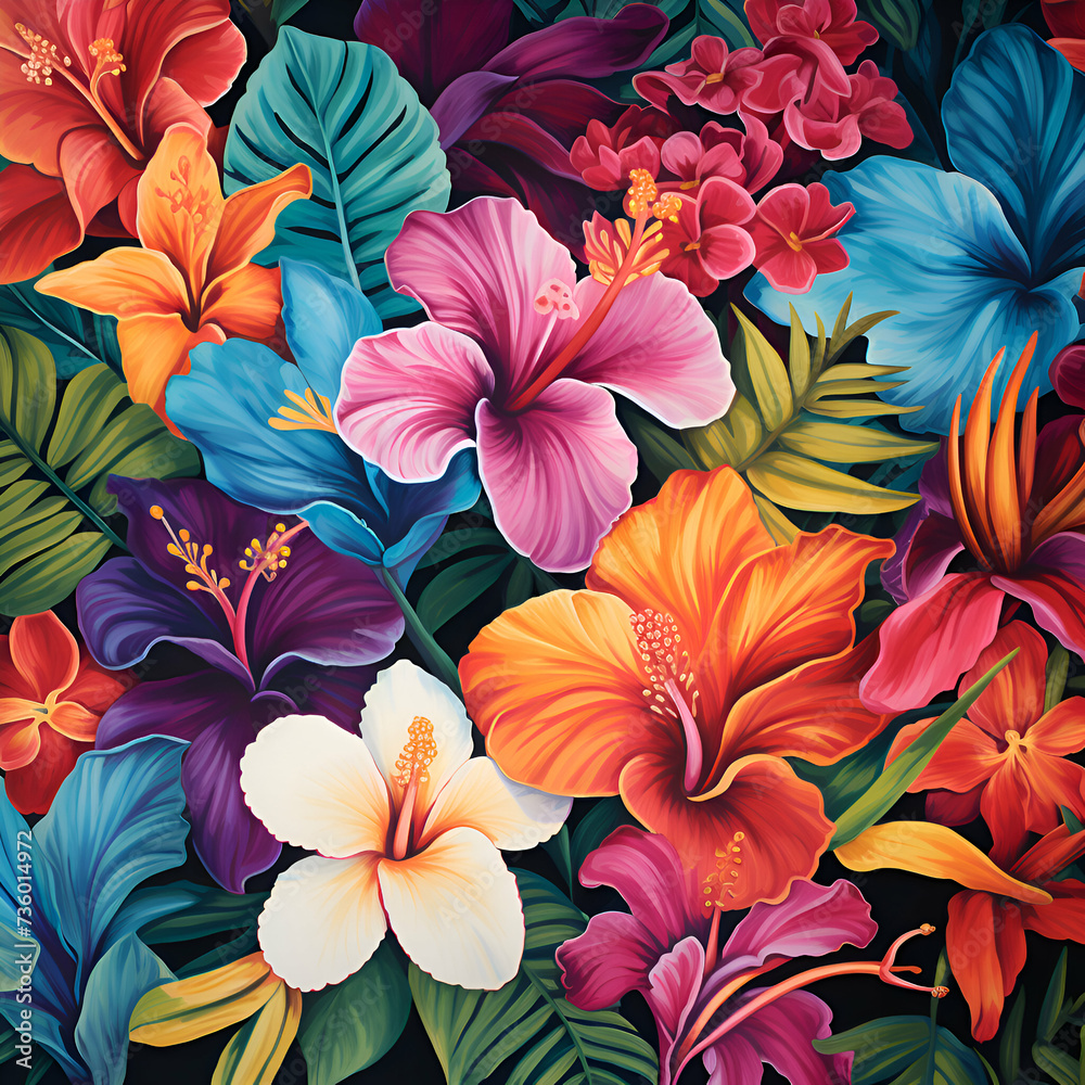 Seamless pattern with tropical hibiscus flowers.  illustration.