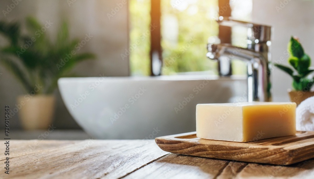 natural wooden soap stand for bathing products in blurred bathroom