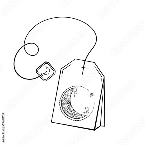 Black and white crescent moon tea bag illustration. Magic calming tea for a good sleep and relaxation.