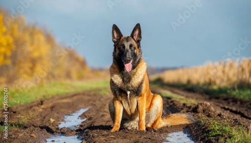 pregnant belgian shepherd sits on the road in the mud amid the autumn fields malinois with a big belly fat dog photo