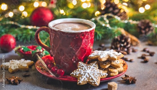 a cup of hot chocolate coffee and christmas cookies chrismas mug christmas tree and christmas decoration background