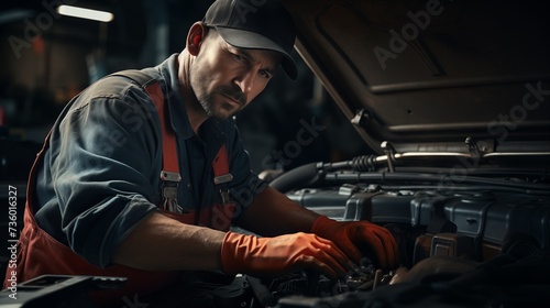 A young car mechanic working confidently, wearing gloves and a safety cap, a vehicle repair shop concept