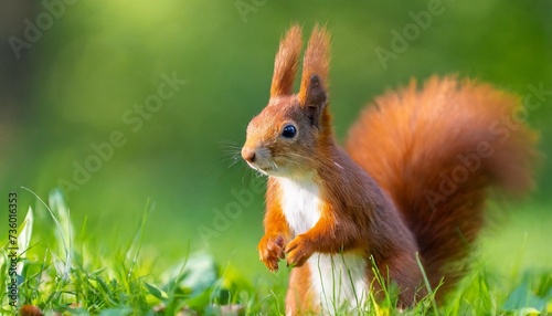 red squirrel on green grass cute eurasian red squirrel sciurus vulgaris standing on its feet on green grass park with blurred out of focus background on sunny summer day