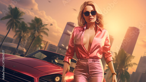 A stylish woman in a chic outfit poses at sunsetcity setting in Miami  in a video game-style. AI. photo