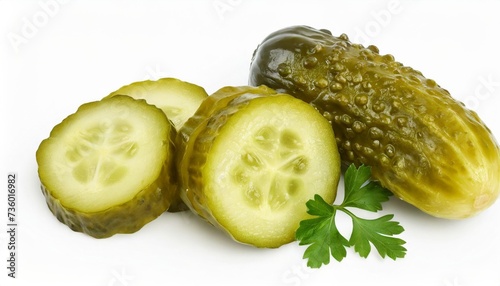marinated pickled cucumber slices isolated on white background with full depth of field top view flat lay
