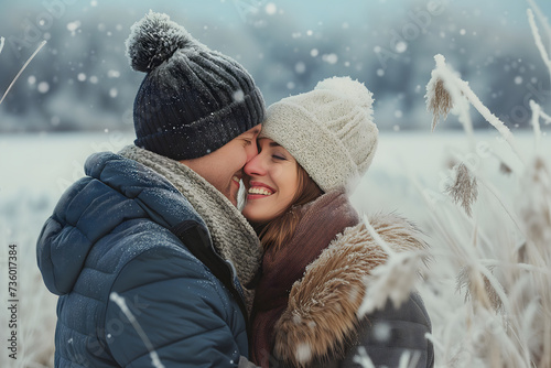 Young adult heterosexual Caucasian couple in beautiful snowy winter nature