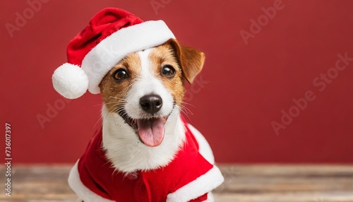 happy jack russell terrier in santa costume on red background © Josue