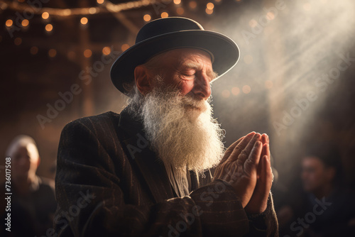 An elderly old man prays on Yom Kippur, a sacred moment of meditation, deliverance and spiritual connection with copyspace photo