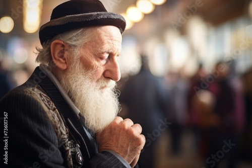 An elderly old man prays on Yom Kippur, a sacred moment of meditation, deliverance and spiritual connection with copyspace photo