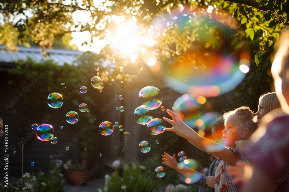 Children playing with soap bubbles wands outdoor Children playing with soap bubbles wands outdoor