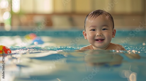 Joyful toddler playing in the refreshing blue swimming pool during a fun family vacation, radiating happiness and laughter, Be healthy and happy.