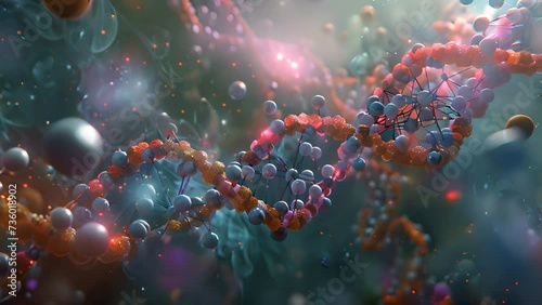 Atoms and Molecules abstract 3d graphics. DNA structure, Abstract molecular lattice, cellular structure under microscope. Medicine and science concept. Microbiology, laboratory