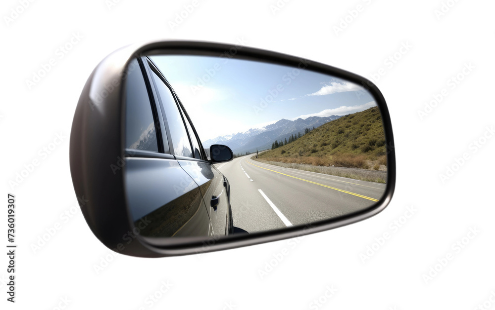 Car Side View Mirror Reflecting Mountains. A cars side view mirror reflecting the majestic mountains in its reflection.