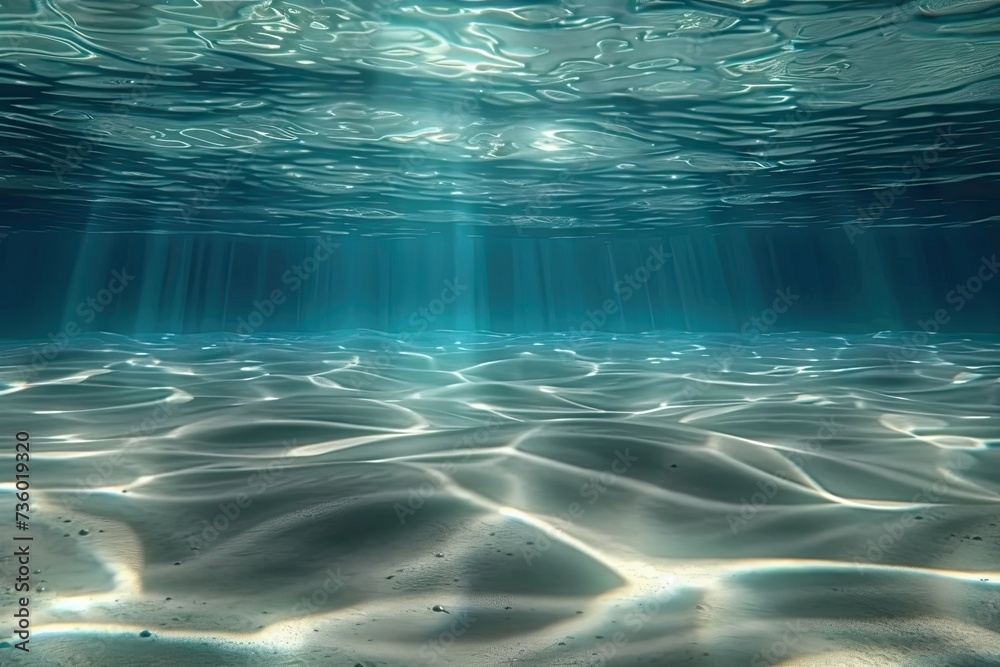 Tranquil depths of ocean stunning captures serene beauty of sunlight filtering through clear turquoise water illuminating sandy bottom of underwater paradise sun rays like liquid sea floor