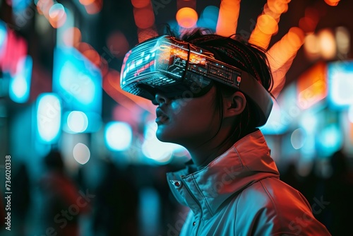 Close up young woman in virtual glasses looks at the virtual world stands on a neon bright background, the concept of future technologies and the virtual parallel world and life there