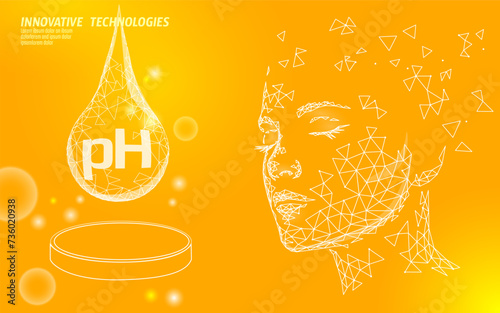  Healthy skin care pH low poly sphere bubble. Health supplement female face anti-aging beauty cosmetics banner template. 3D coenzyme acids. Medicine science vector illustration