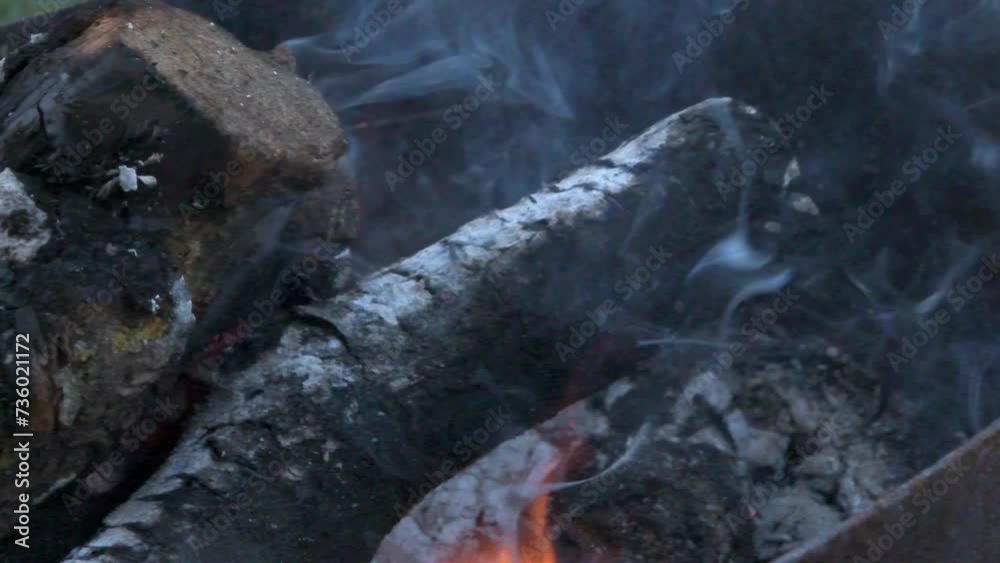 wooden logs burning in campfire at evening outdoor. close up wooden logs burning in campfire at evening outdoor. close up