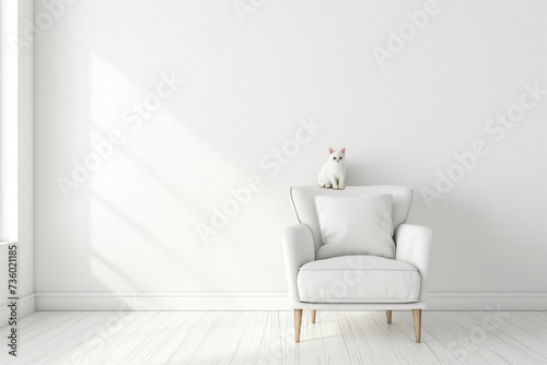 Lazy white cat on the sofa in the living room and cute
